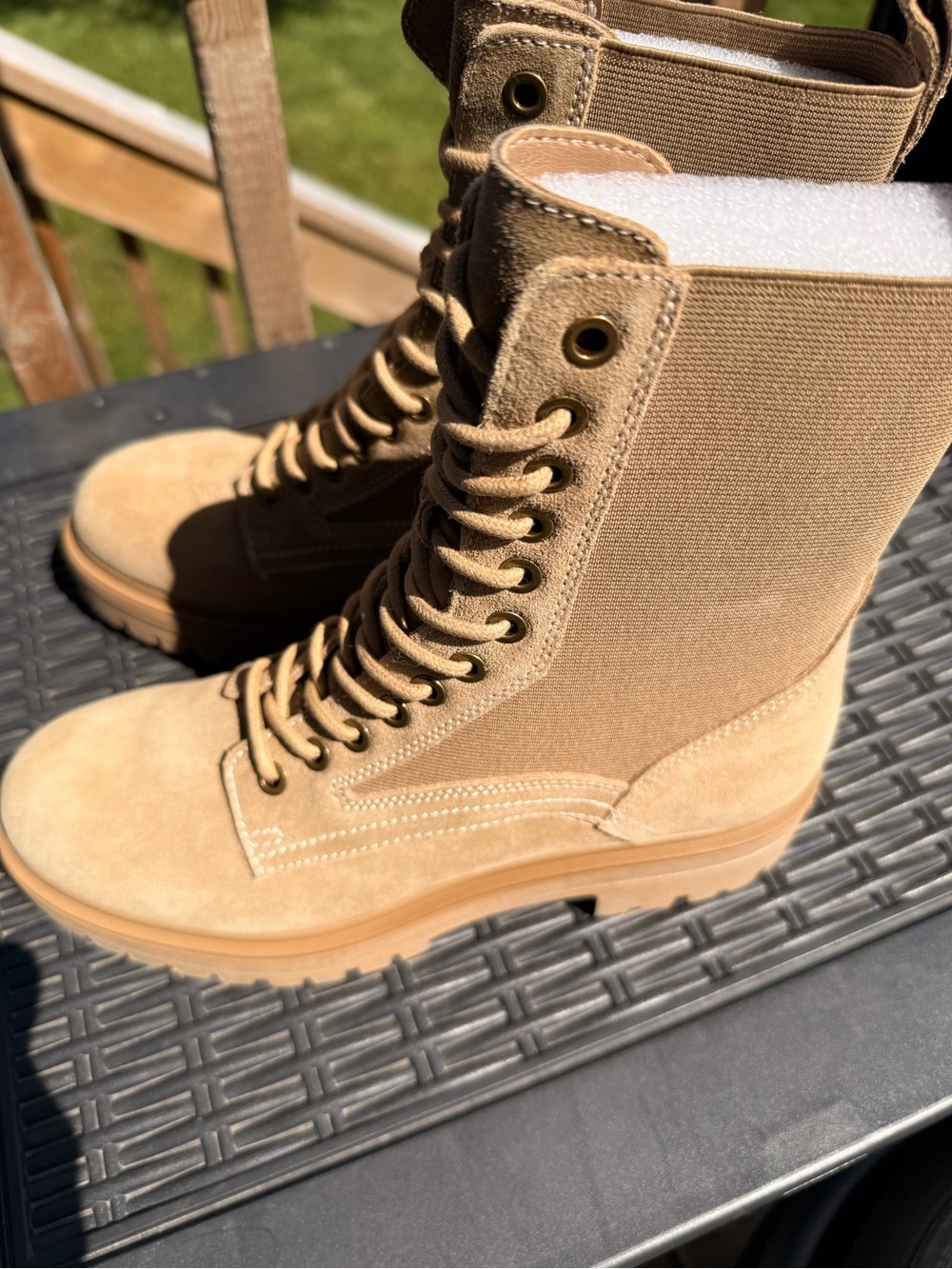 Steve Madden Women's Tan Lace-Up Combat Boots - Suede & Canvas